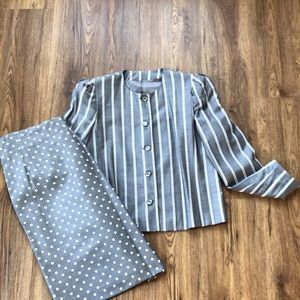 Women’s suit polka dot skirt and striped blazer